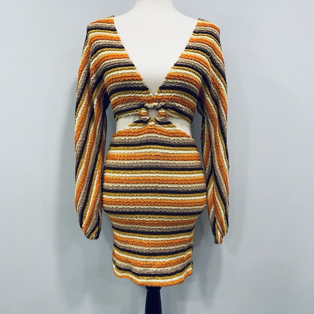 12th Tribe Striped Cutout Knit Mini Dress in Orange, Brown, Cream